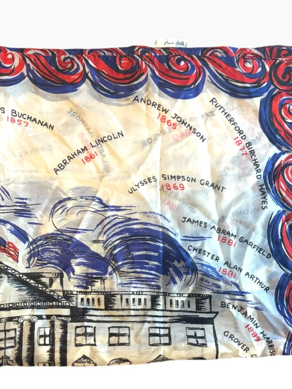 Vintage 1949 Pure Silk Scarf White House US Presidents Americana Novelty 29x29